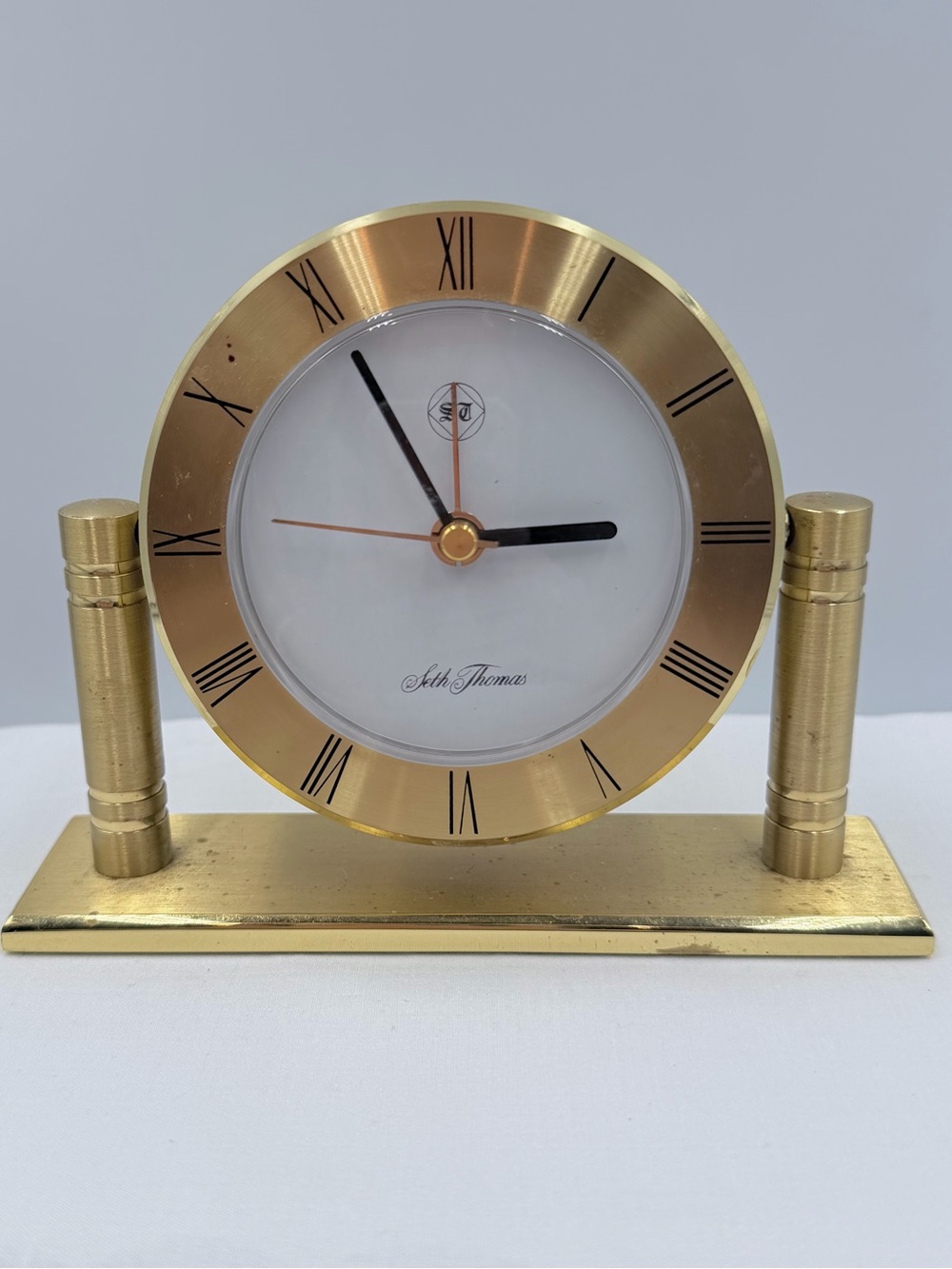 Vintage Seth Thomas Desk Clock Brass Swivel Alarm Works Spots on Base & Clock